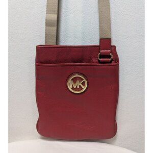 Michael Kors Fulton Leather Slim Crossbody Bag Purse Red Gold